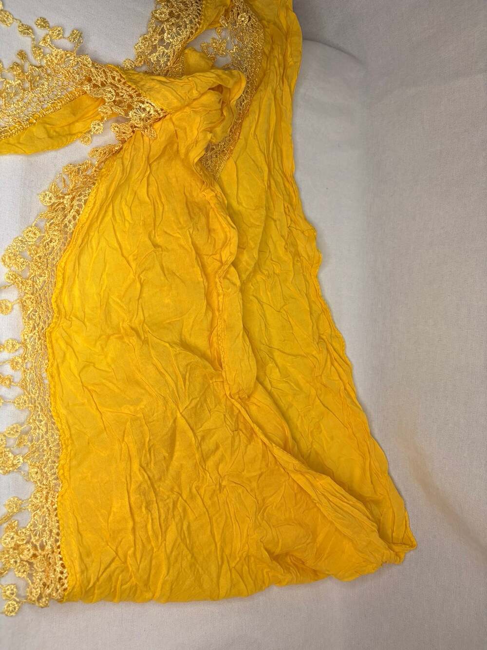 Mustard Yellow Triangle Scarf Crochet Lace Trim Boho Lightweight 66"